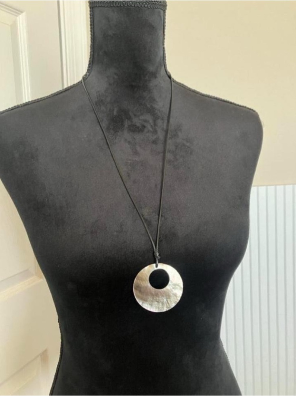 Mother of Pearl Round Donut Pendant Necklace - Black Cord - Picture 2 of 3